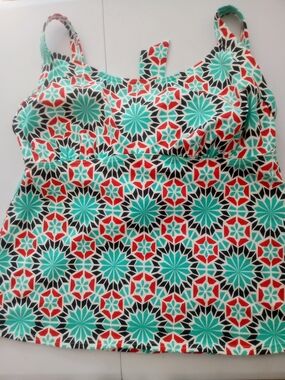 Lands' End Multicolor Geometric Tankini Top - Turquoise, Coral & Black